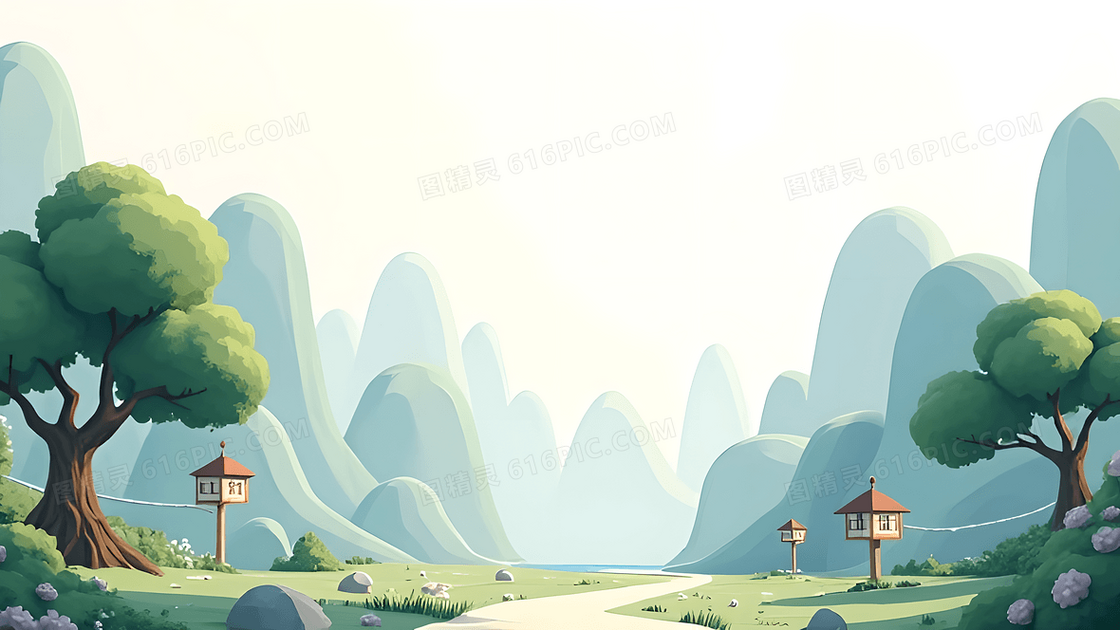卡通春季群山景色背景