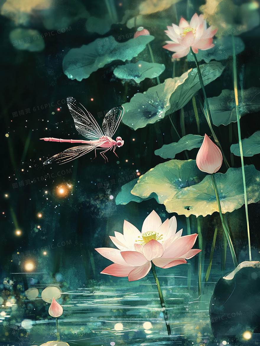 发光蜻蜓荷花背景