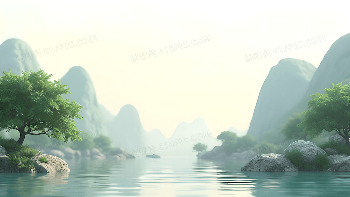 春天河道两旁的群山背景