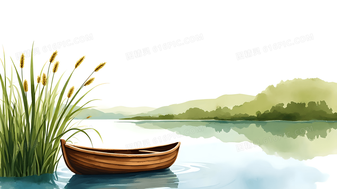 春天河畔小舟和芦苇背景