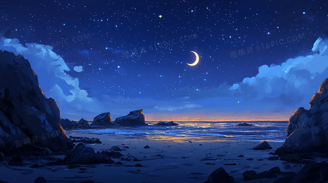 卡通海边夜晚背景