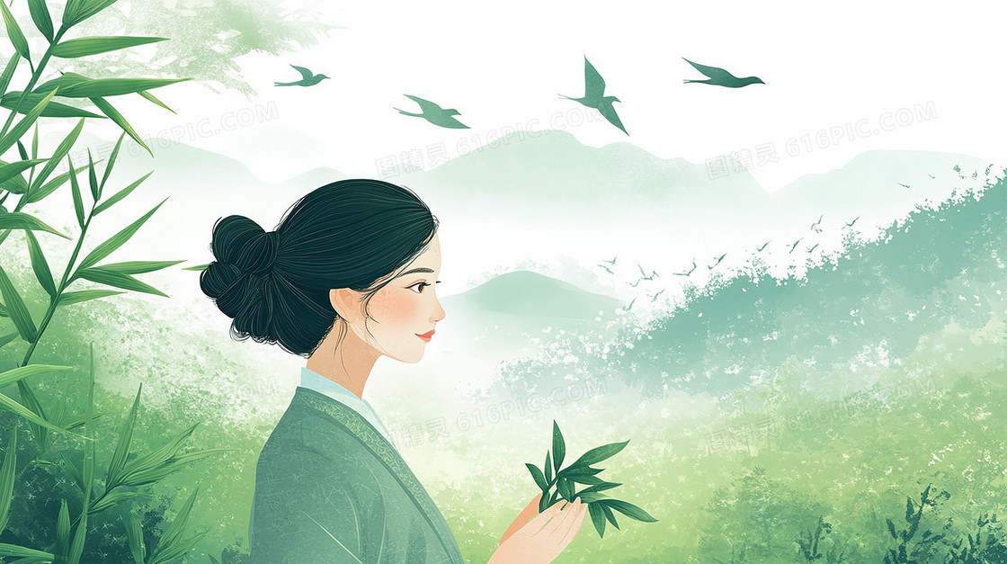 古风女子采茶背景