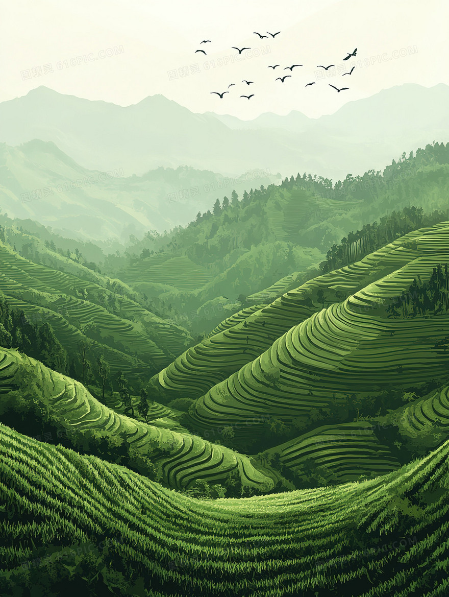 青翠梯田茶园背景