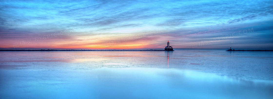 唯美夕阳大海灯塔背景