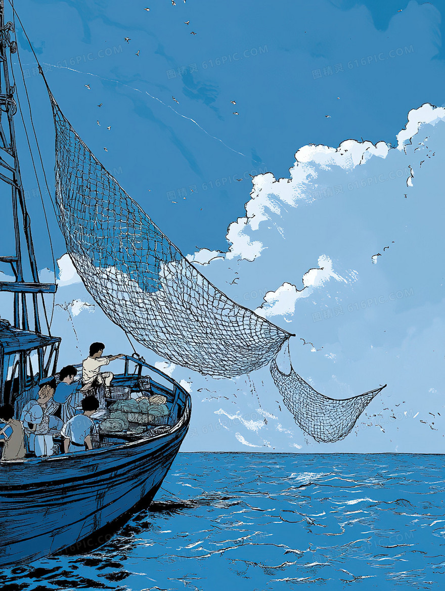水彩风海里捕鱼背景