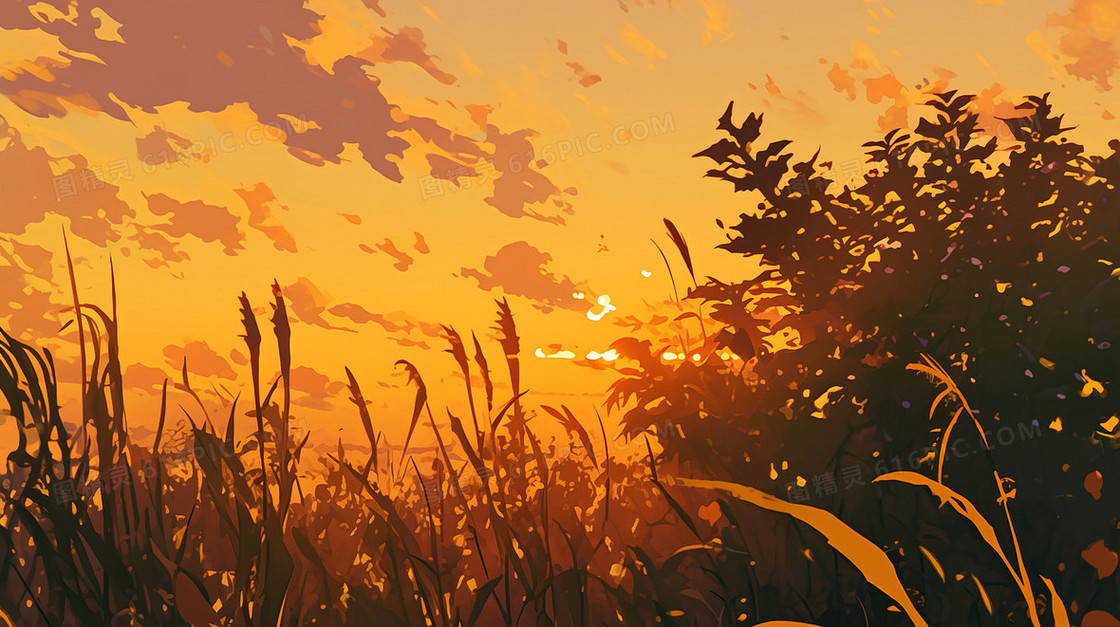 落日夕阳植物剪影背景
