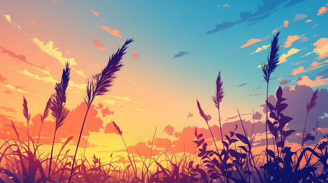 落日夕阳植物剪影背景