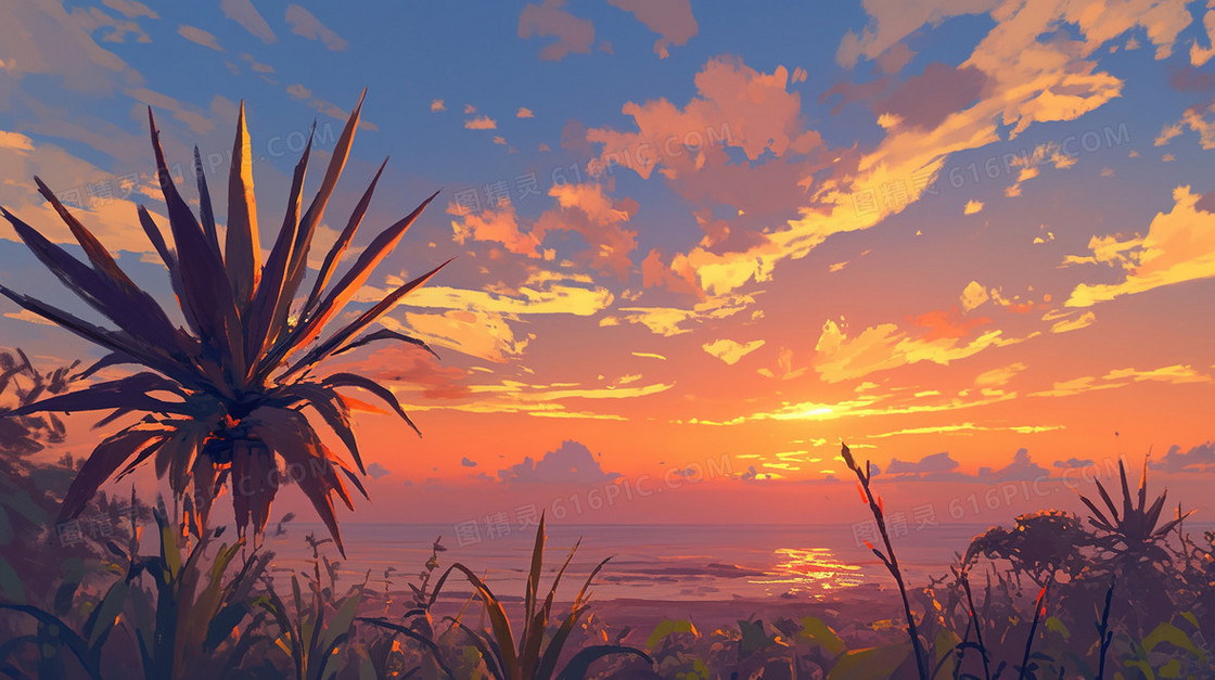 落日夕阳植物剪影背景
