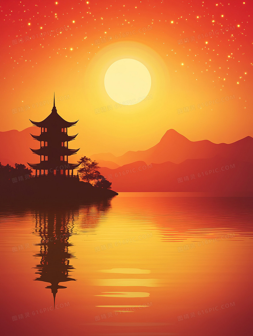湖边建筑落日晚霞背景