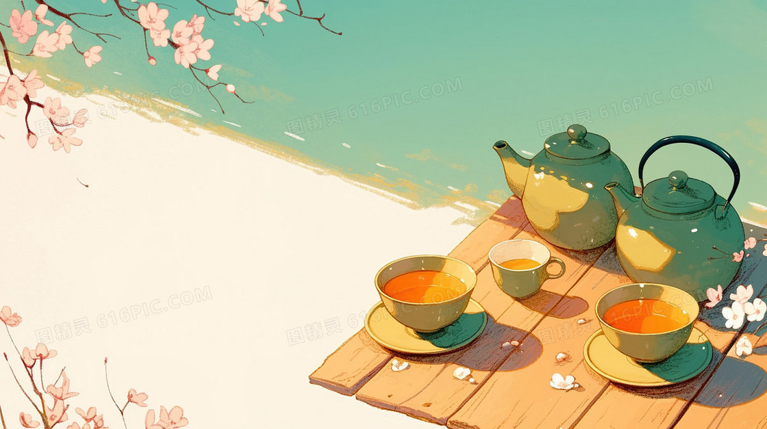 唯美春季饮茶茶具背景