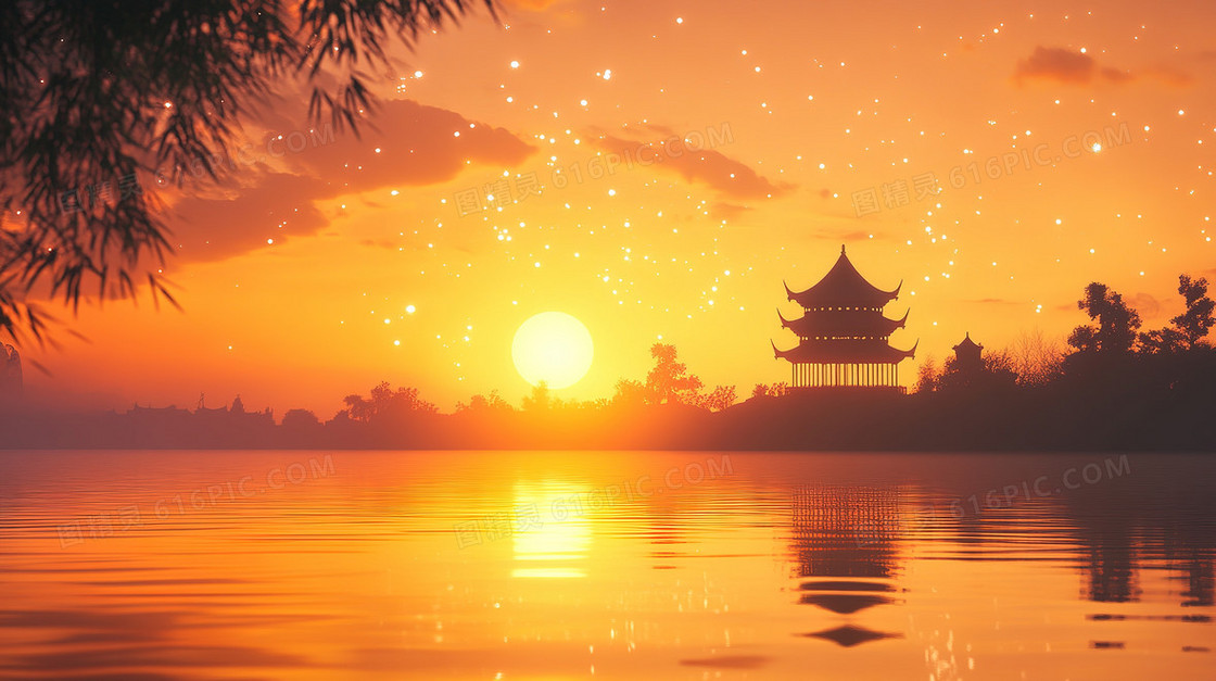 湖边建筑落日晚霞背景