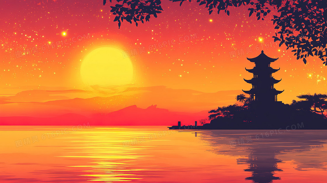 湖边建筑落日晚霞背景