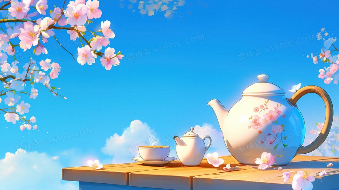 唯美春季饮茶茶具背景