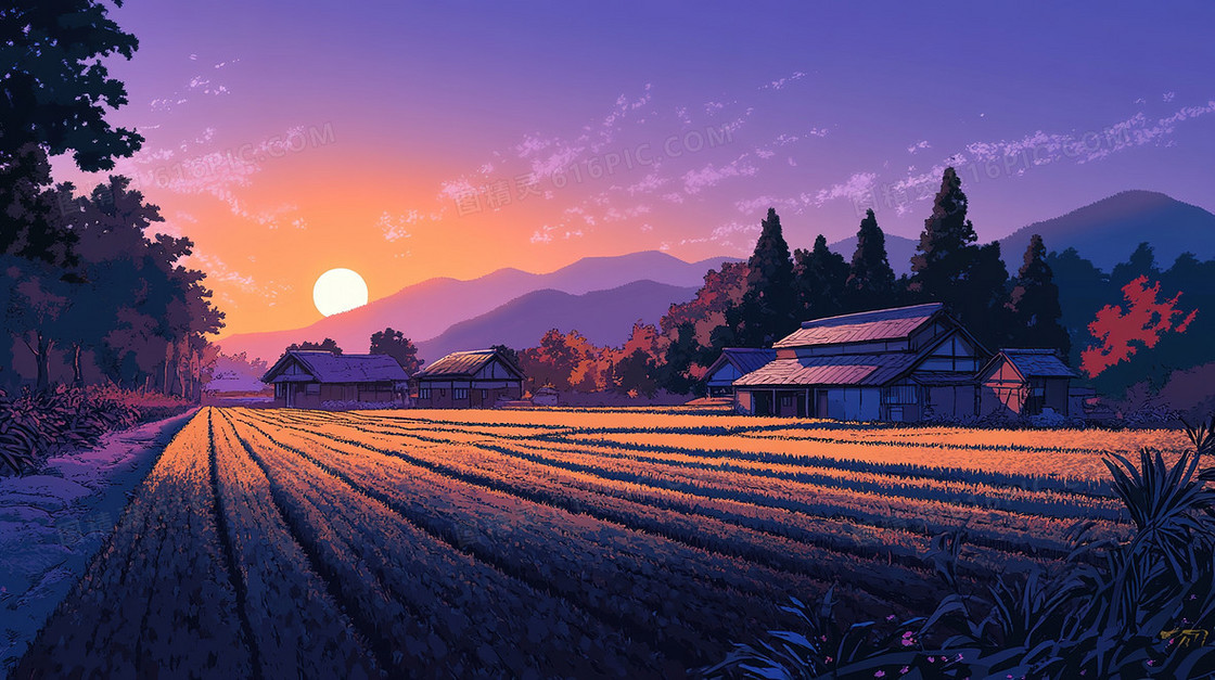乡村落日晚霞背景
