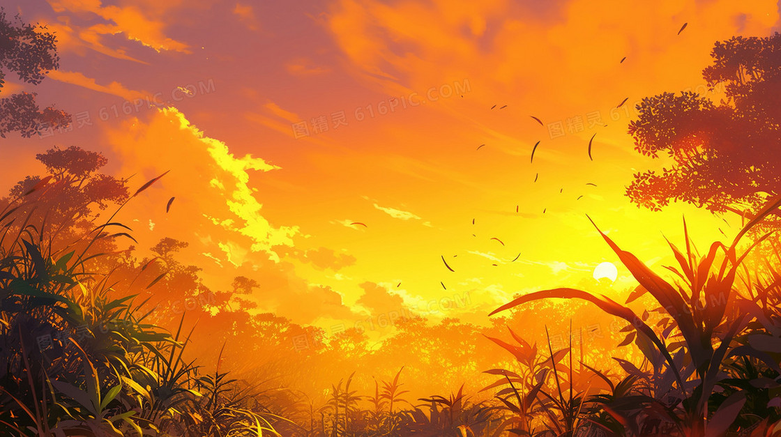 落日夕阳植物剪影背景