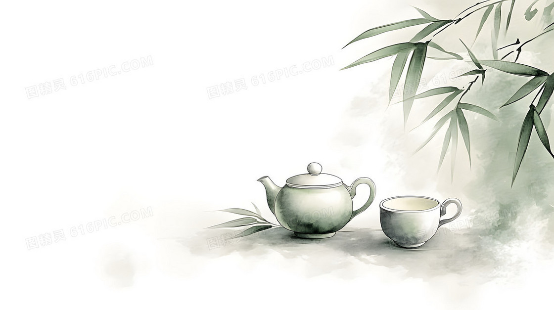 春天春茶茶叶茶壶茶杯翠竹背景图