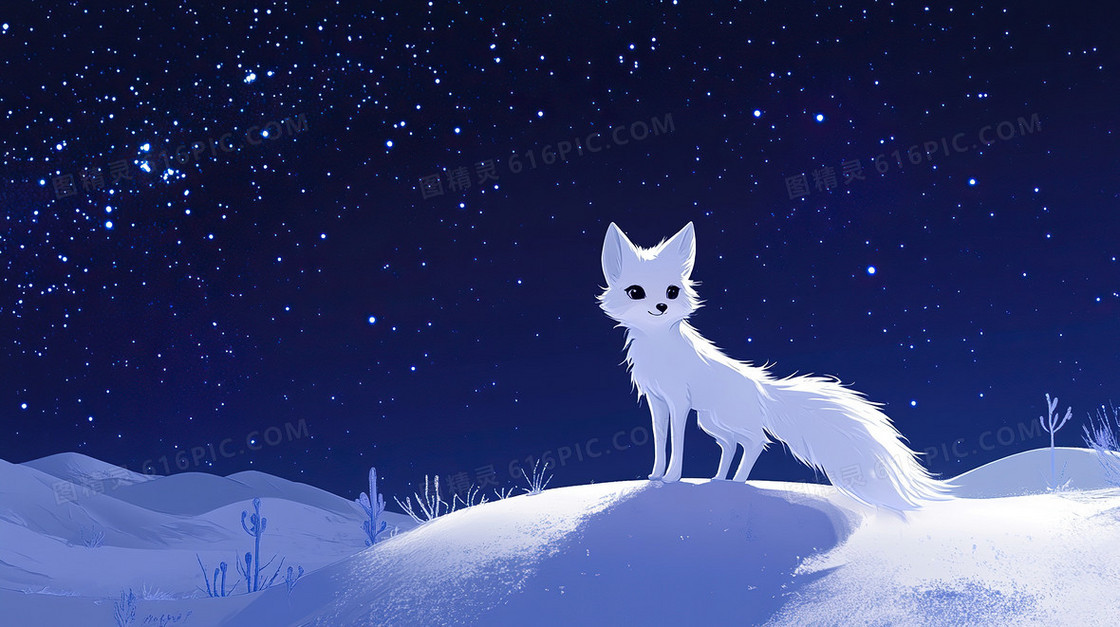 夜晚雪地上的白狐背景