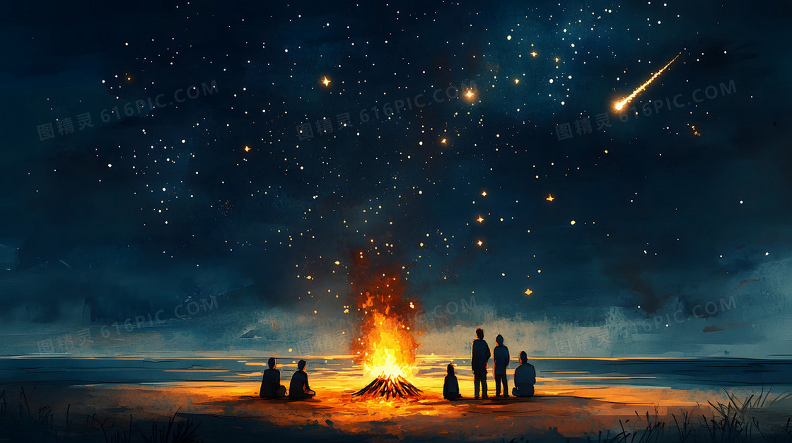 卡通海边篝火星空背景图