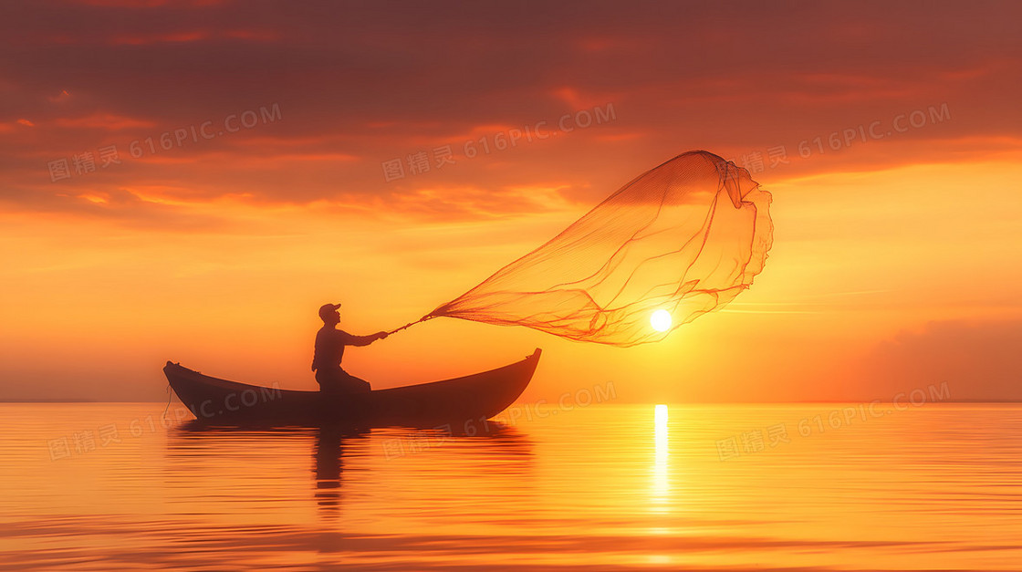 简约湖面捕鱼背景