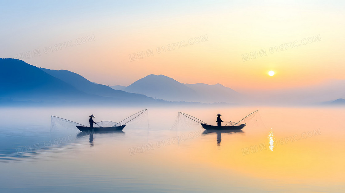 简约湖面捕鱼背景