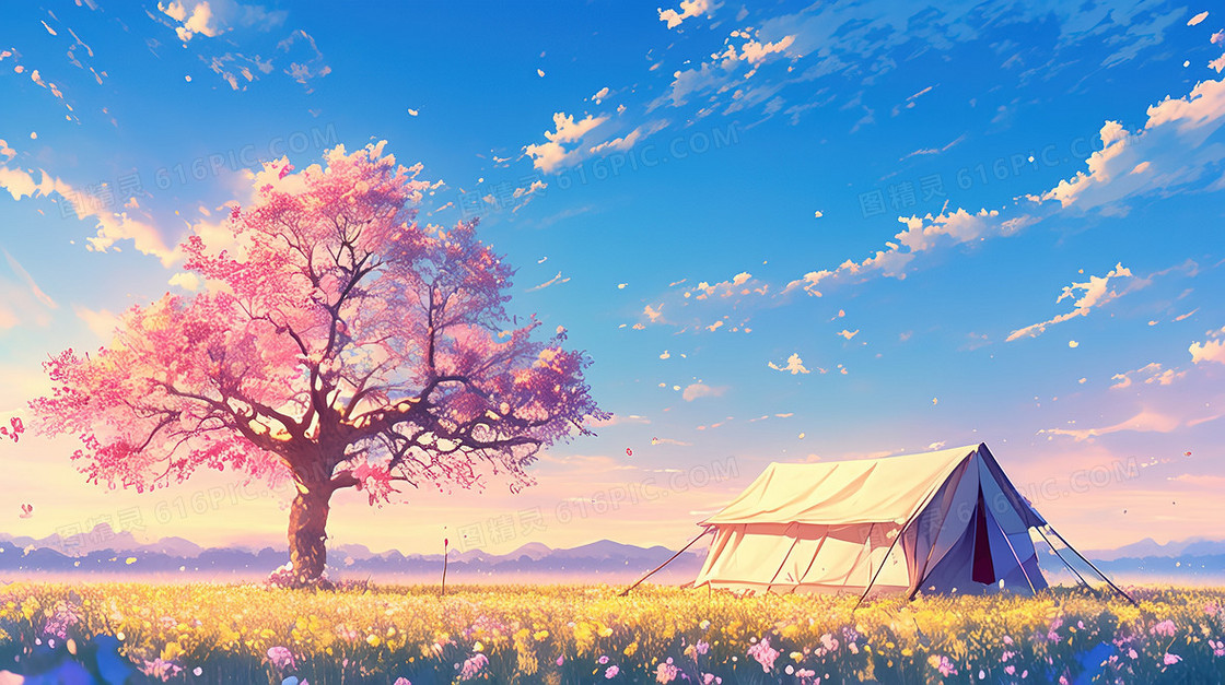 春季郊游帐篷背景