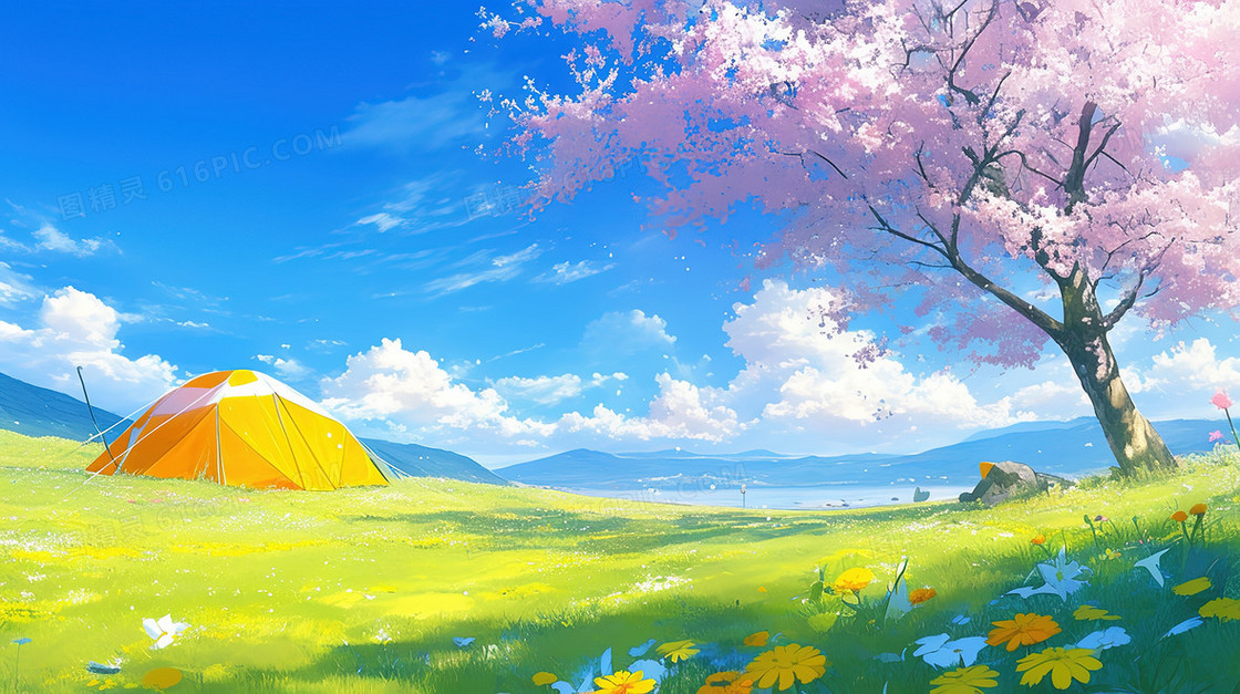 春季郊游帐篷背景