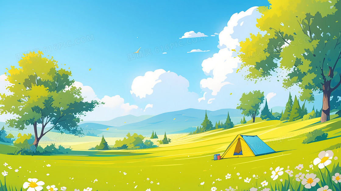 春季郊游帐篷背景