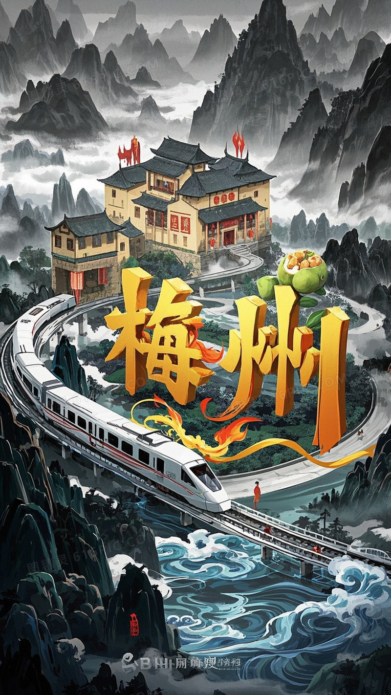 主题立体字梅州悬浮于山水间