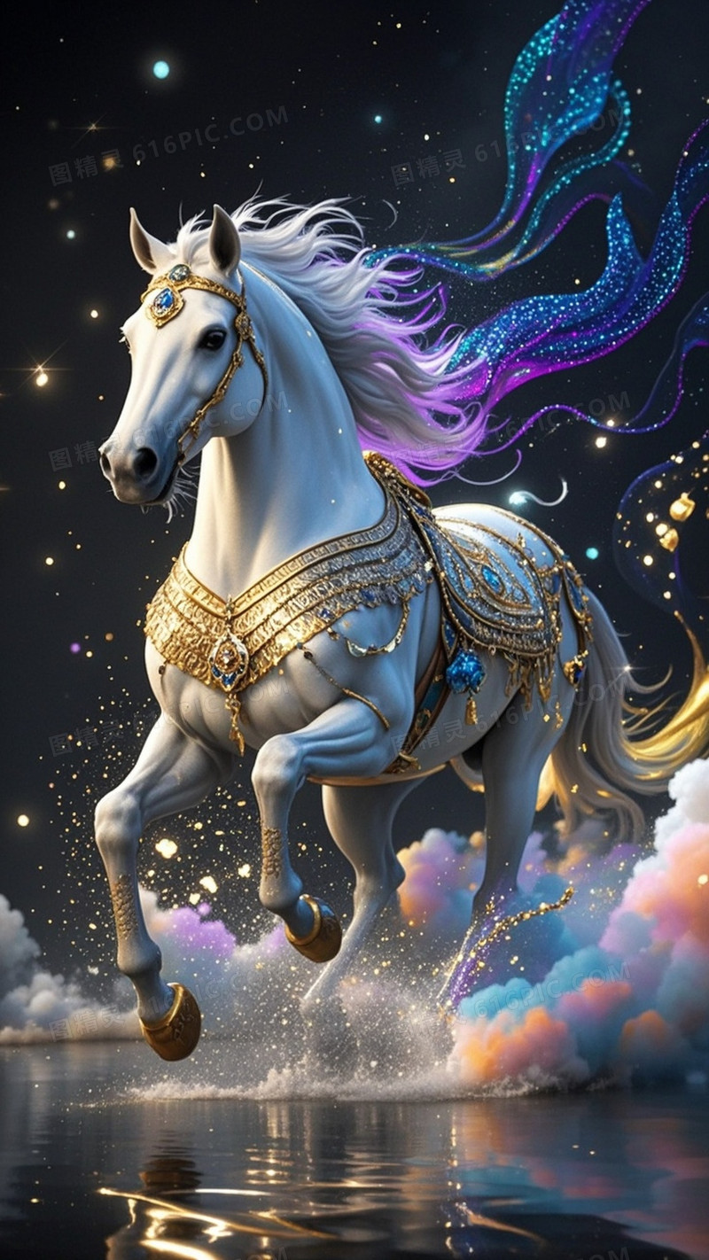 矫健的白色紫色奔马在暗夜中疾驰
