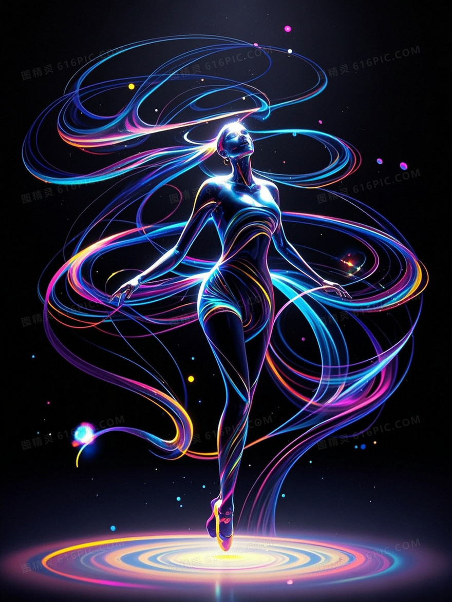 黑色背景点线粒子勾勒流畅线条美女翩翩起舞的艺术造型