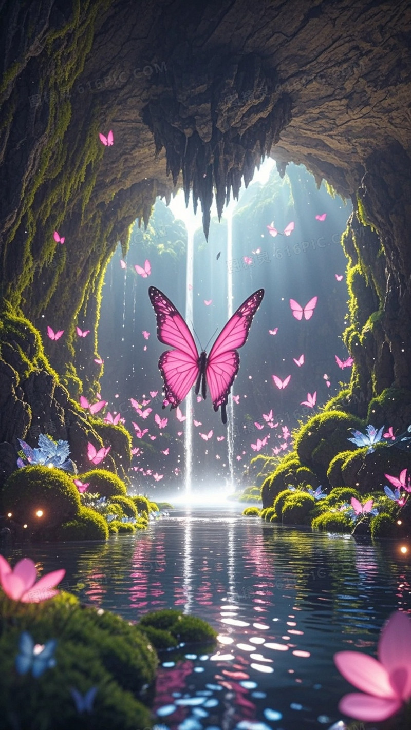 一个幻想的湖粉红色的蝴蝶飞来飞去