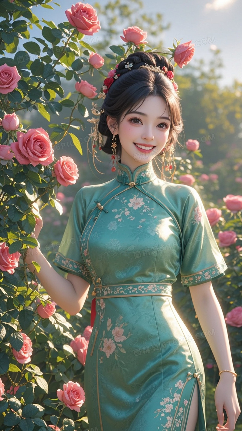 古风喜庆背景近景玫瑰花园花