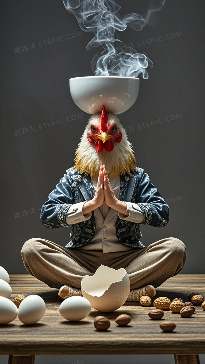 一张逼真的照片一只拟人化的鸡双手并拢在莲花位置做瑜伽
