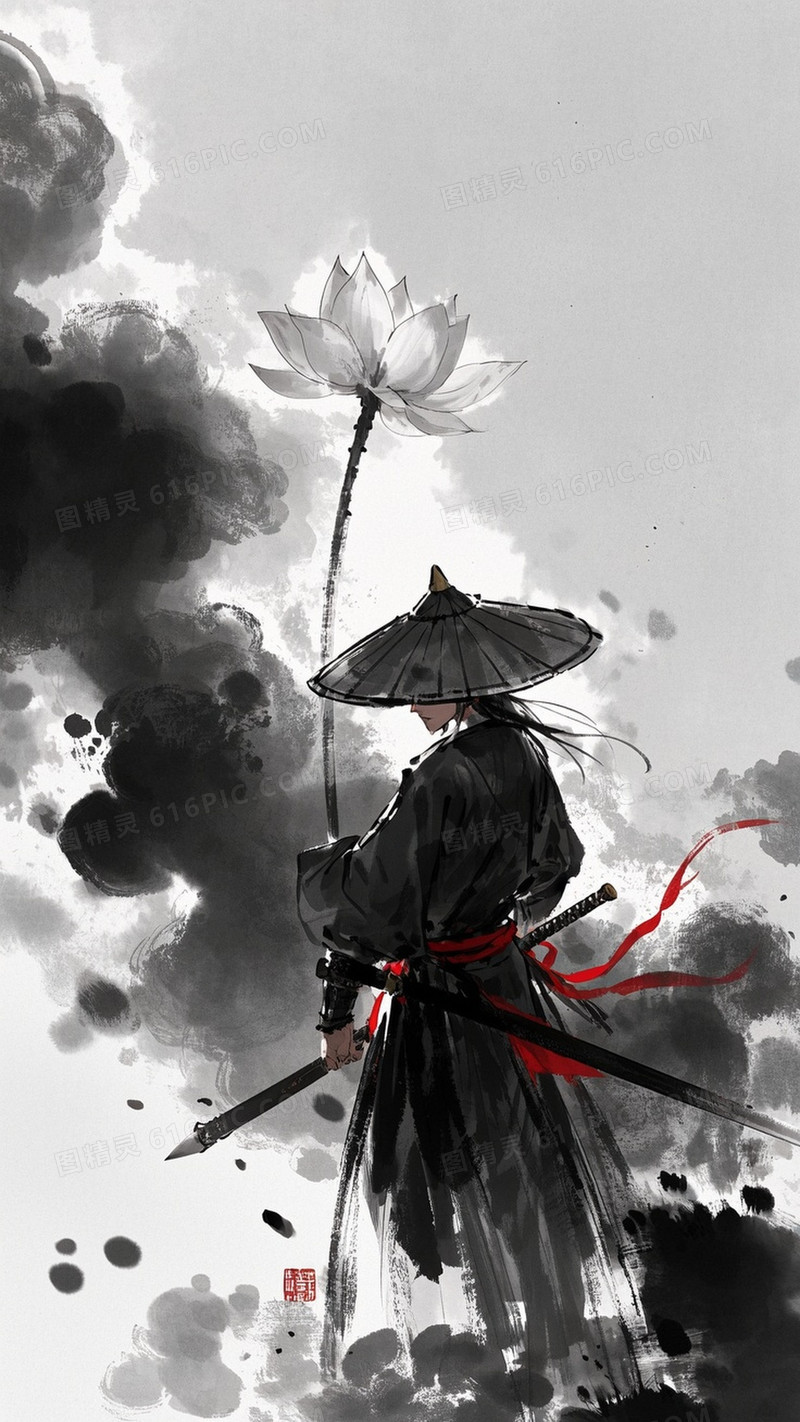 一位剑客矗立于纯白背景前