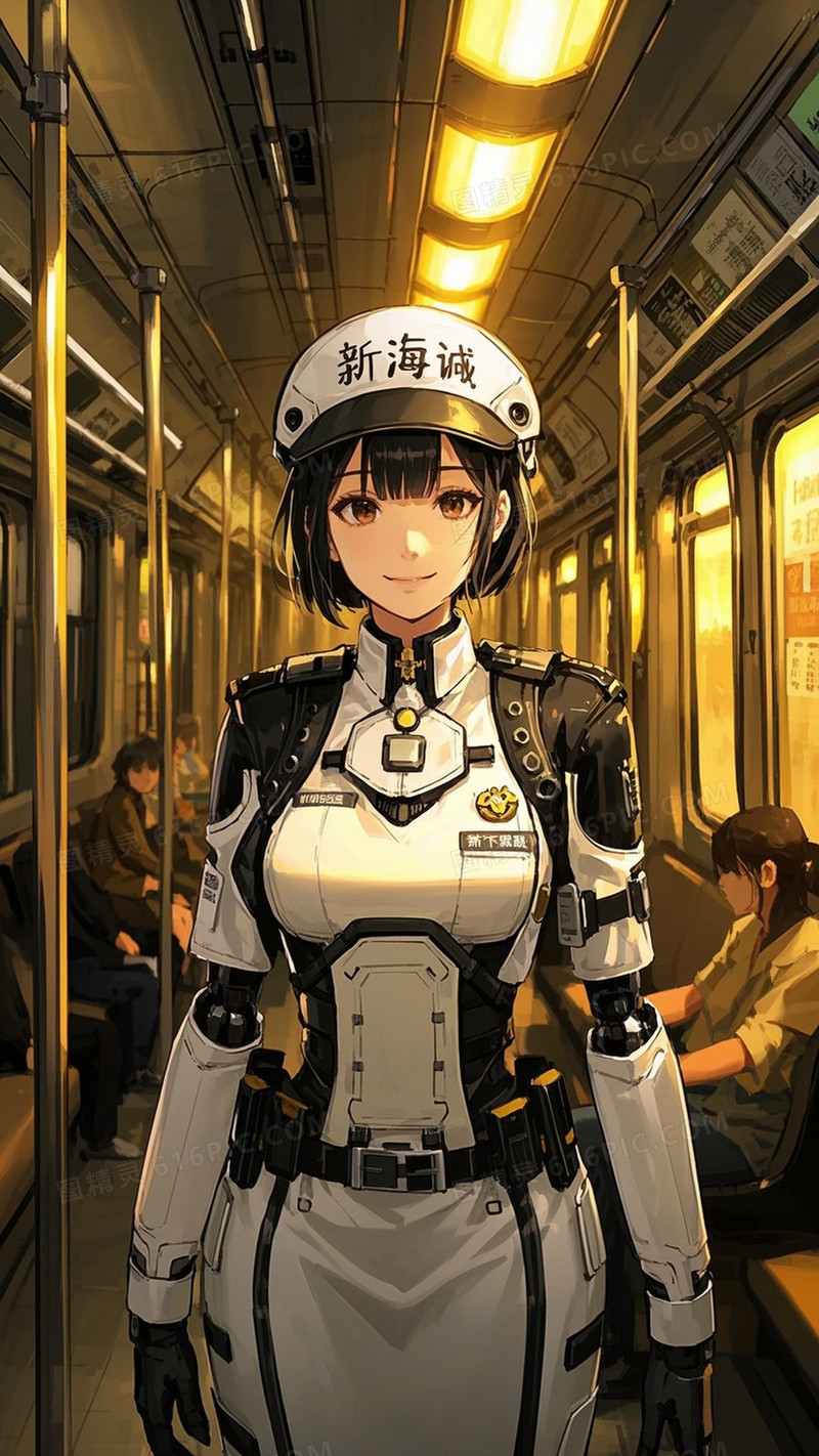 一位身着未来科技感列车员制服的女性机器人