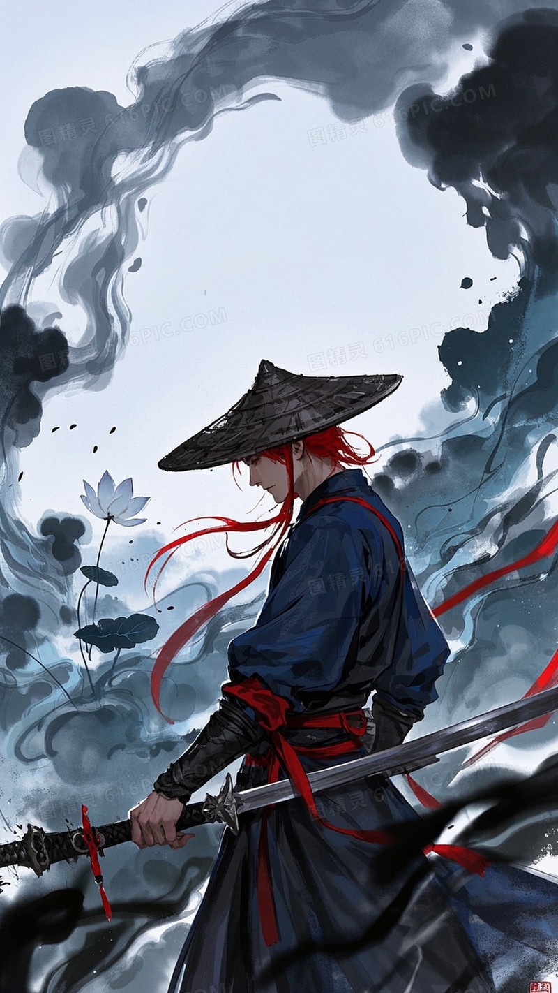 一个剑客武侠风红色腰带