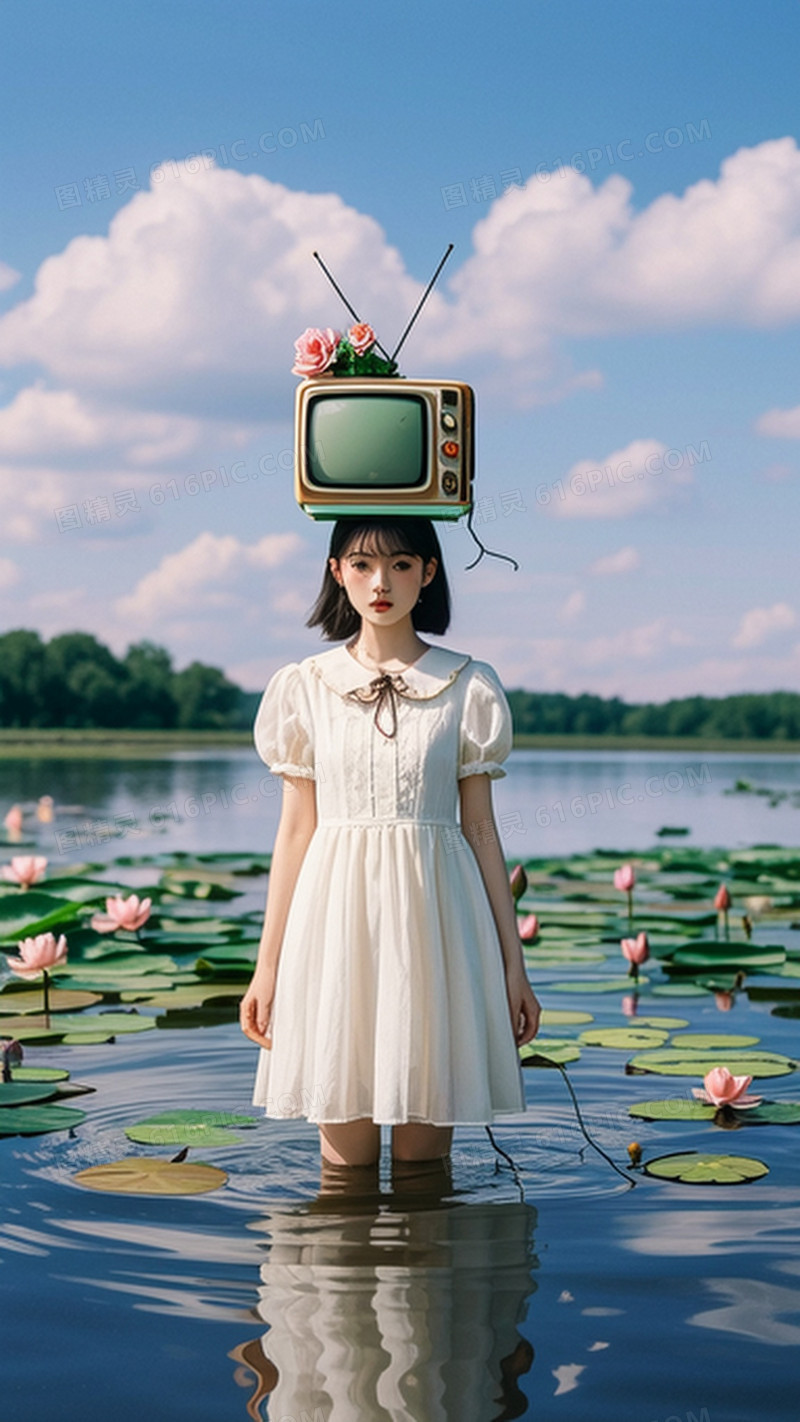 一位穿着白色裙子的女孩站在水中