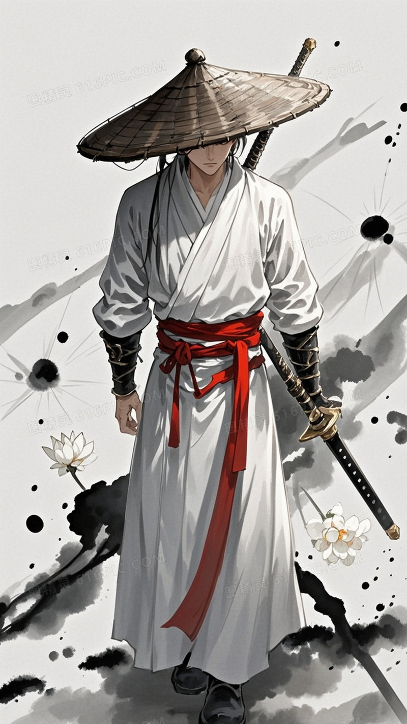 一个剑客武侠风红色腰带