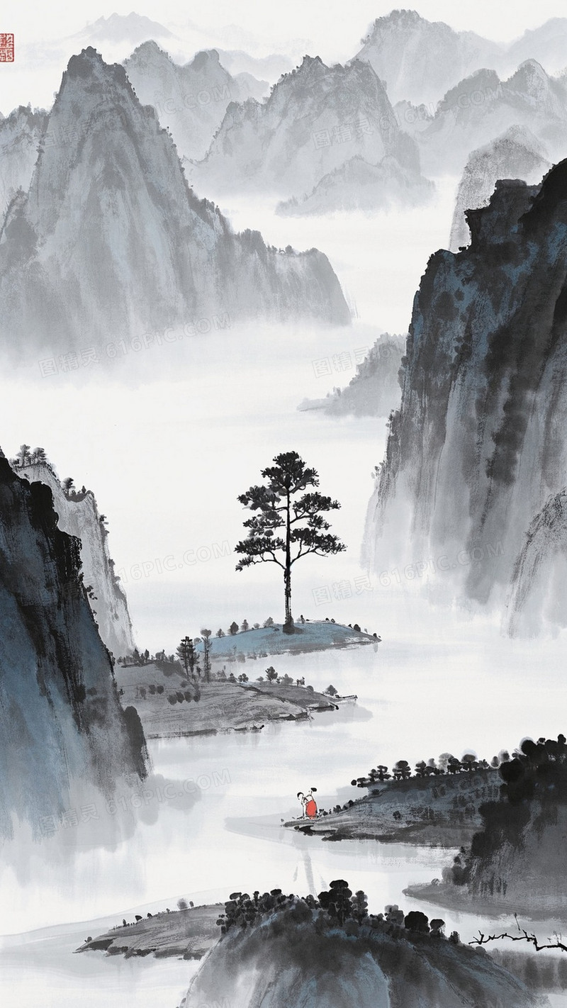中国画写意一棵树在画面中很小
