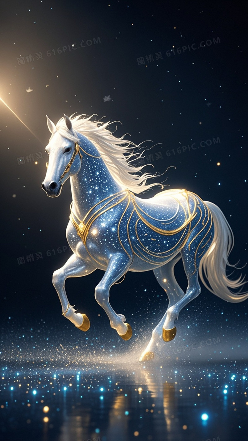 矫健的白色奔马在暗夜中疾驰