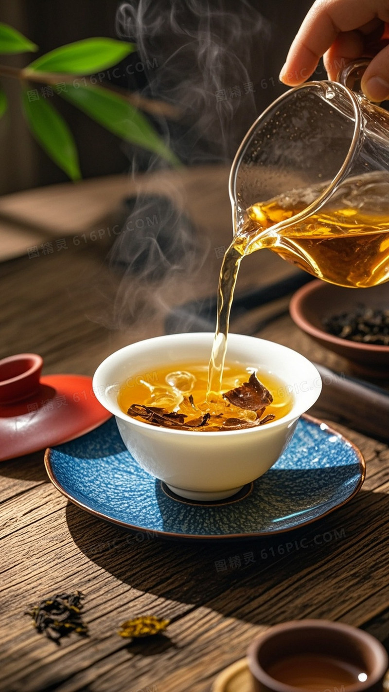 透明玻璃茶壶正往白色瓷碗中倾倒金黄色茶汤