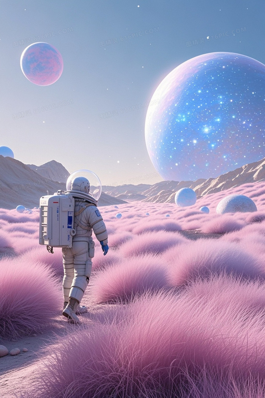 宇航员布满粉黛乱子草的星球