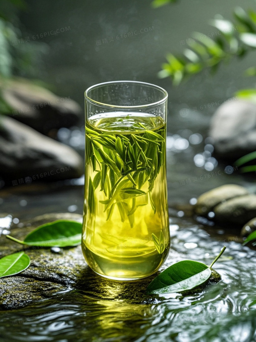 嫩绿小叶苦丁茶在热水中舒展