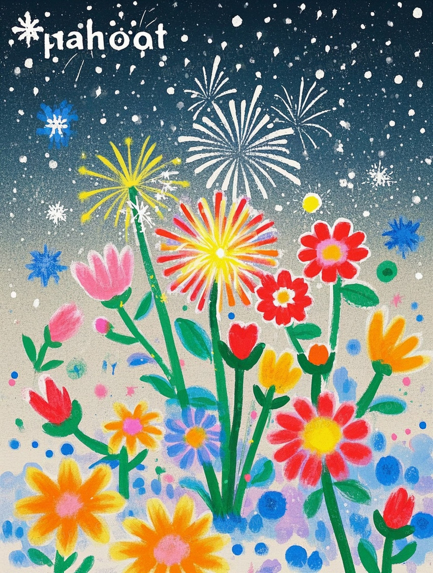 奇幻烟花和雪花蜡笔质感