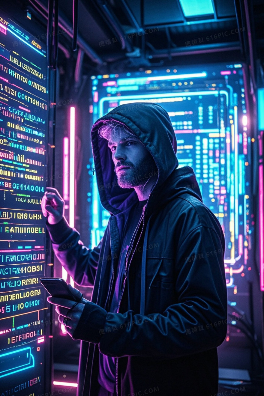 未来派赛博朋克黑客的肖像