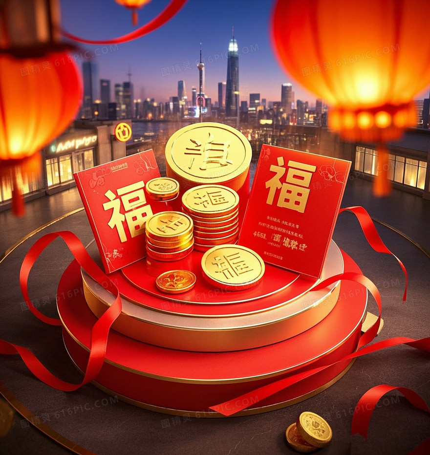电商展台金币红包彩带