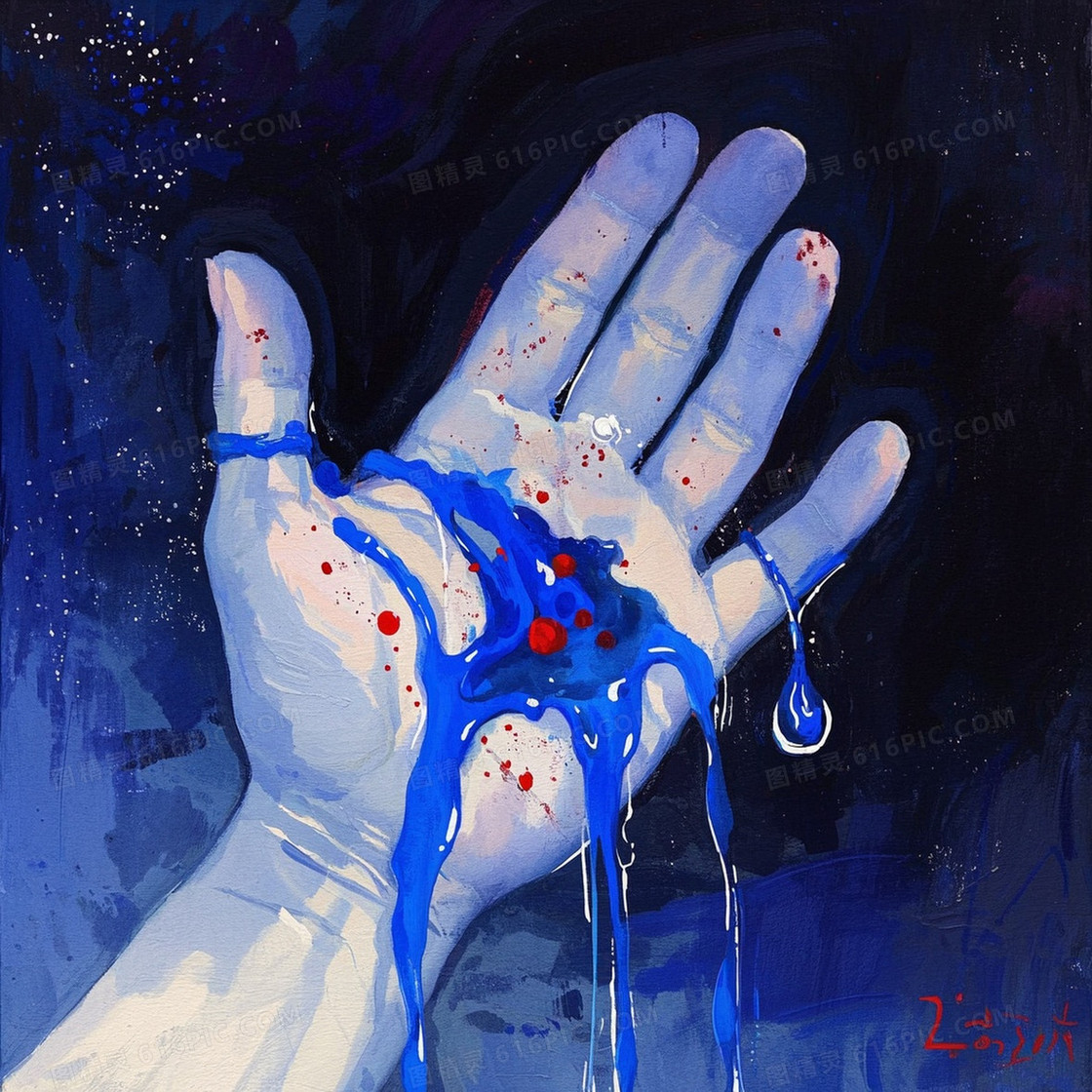 水彩渐变背景中浮现半透明手掌