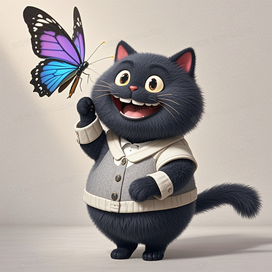 胖乎乎的可爱的毛茸茸的小黑猫