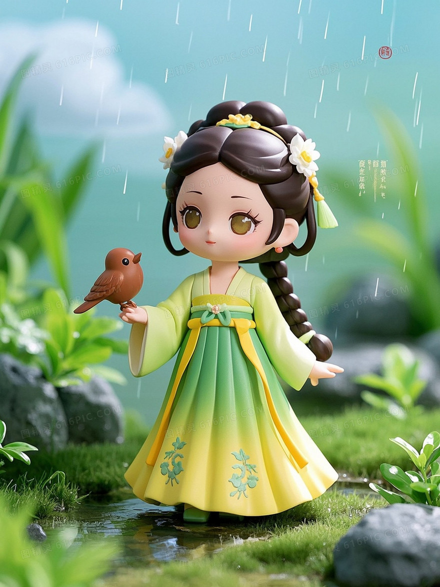 盲盒手办设计风格谷雨主题