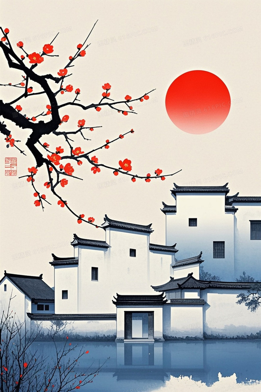 徽派建筑白墙灰瓦蓝色背景